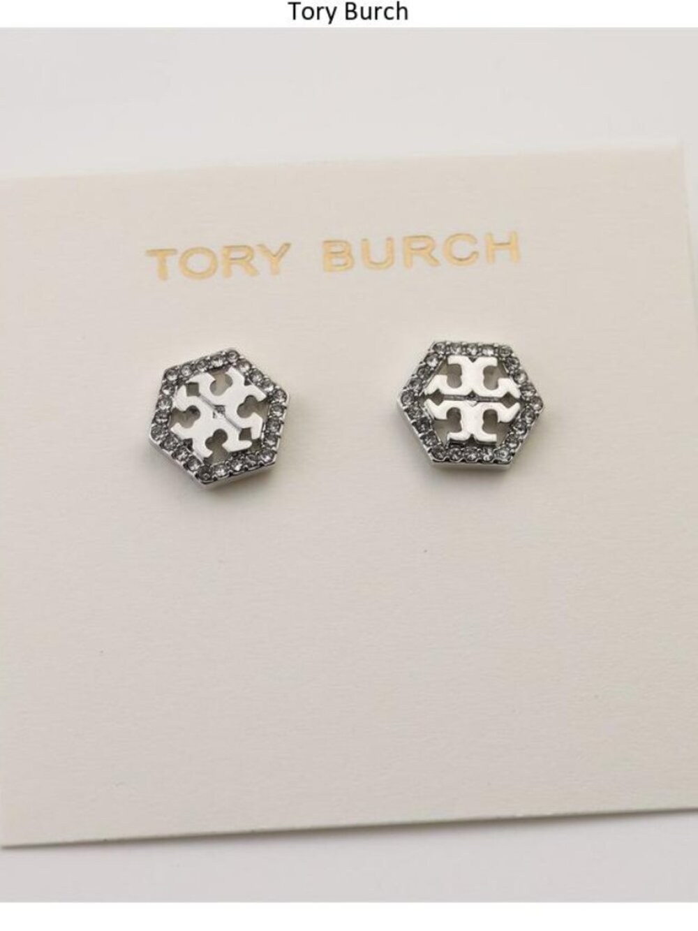 Tory Burch Silver Crystal Hexagon Logo Stud Earrings